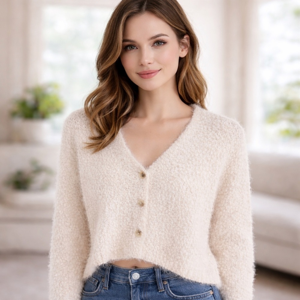 RSQ - Cream Fuzzy Popcorn Cardigan